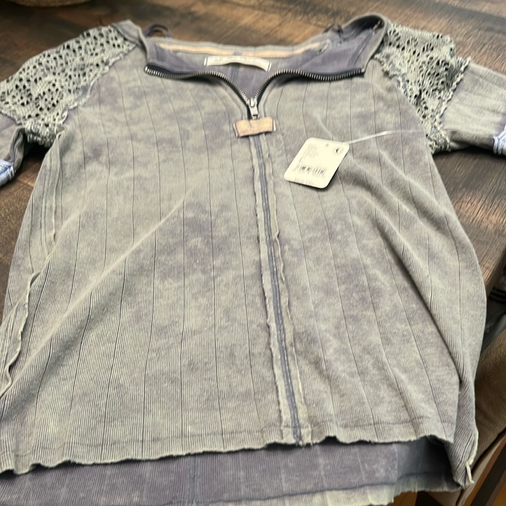 COPY - We The Free top. Sz L. Gray with light blue stipe on arms.